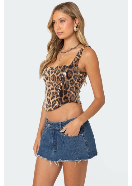 Kadın payet leopar desen crop top