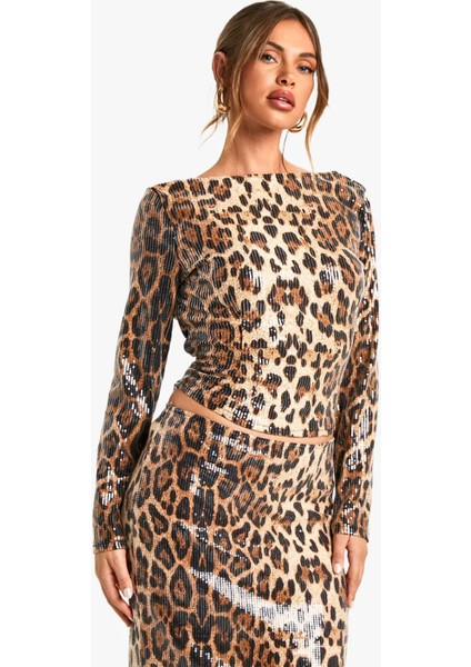 Kadın Leopar Desen Payet Crop Top