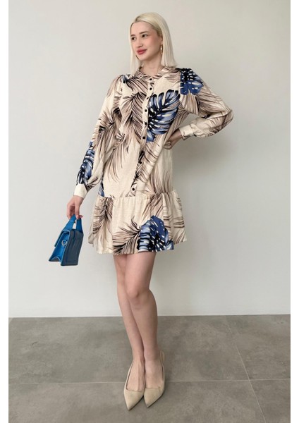 Saks Desenli Düğmeli Kısa Kadın Elbise MG2432