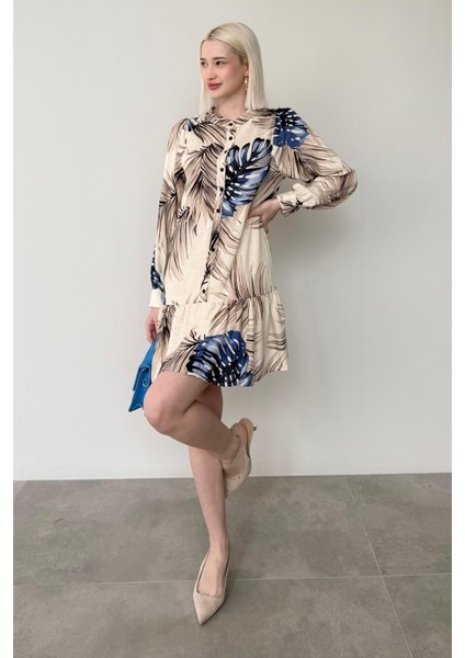 Saks Desenli Düğmeli Kısa Kadın Elbise MG2432