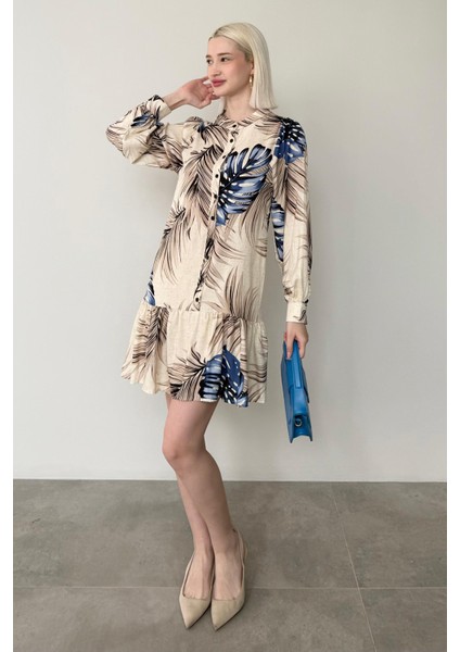 Saks Desenli Düğmeli Kısa Kadın Elbise MG2432