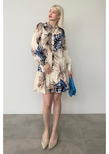 Saks Desenli Düğmeli Kısa Kadın Elbise MG2432