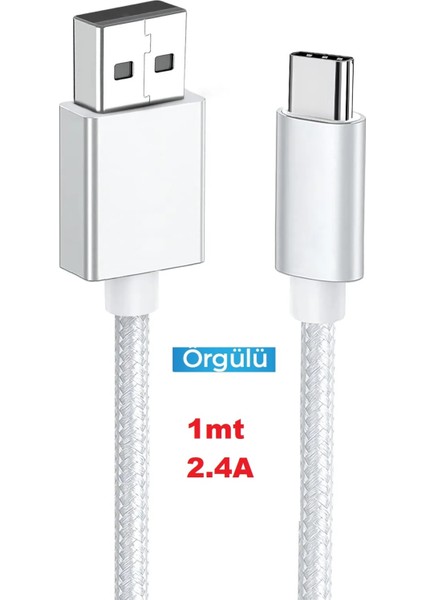 Samsung Xiaomi Oppo Reeder Huawei Uyumlu USB To Type C Örgülü Hızlı 2.4 Amper Şarj Kablosu Uyumlu 100 cm Beyaz