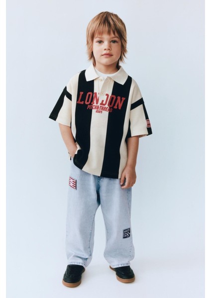 Erkek Çocuk Pamuklu Çizgili London Yazılı T-Shirt ve Nakışlı Jean Takım