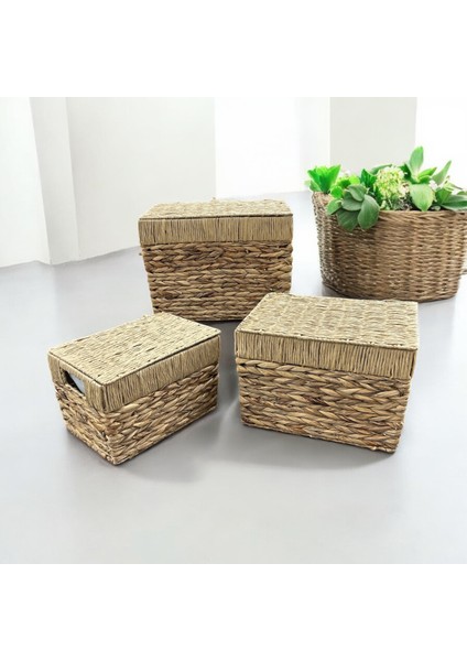 3'lü Hasır Kapaklı Büyük Sepet - 419