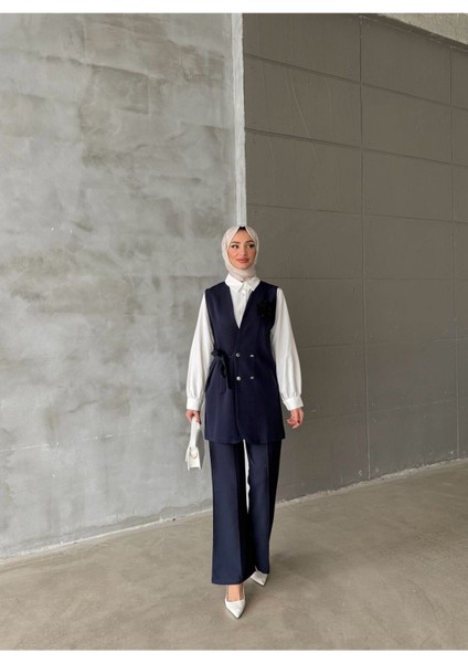Nilay Kadın Lacivert Trend Yandan Bağlamalı Yelek Gömlek Pantolon 3'lü Takım NILAY-1421