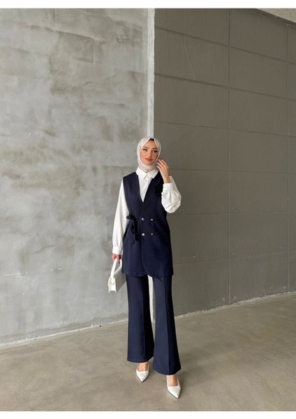 Nilay Kadın Lacivert Trend Yandan Bağlamalı Yelek Gömlek Pantolon 3'lü Takım NILAY-1421