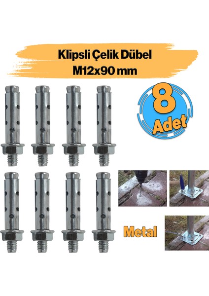 Saplamalı Gömlek Çelik Dübel M12X90 mm Raf Montaj Bağlantı Zemin Monte Tavan Asma Aparat 8 Adet
