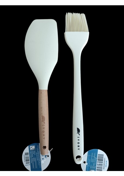 Silikon Fırça ve Bambu Saplı Spatula 2'li Takım Krem Renk