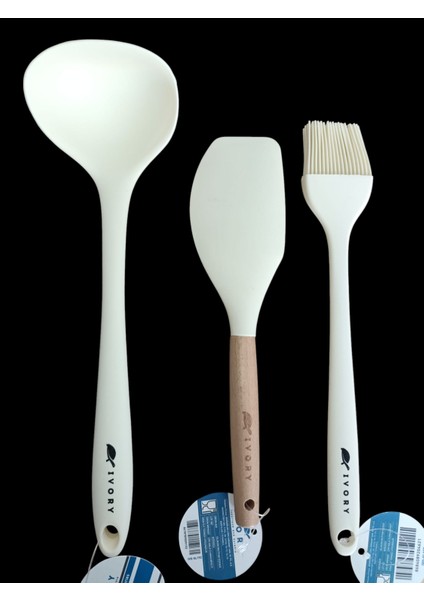 Silikon 3'lü Takım Spatula Fırça ve Silikon Kepçe Krem Renk