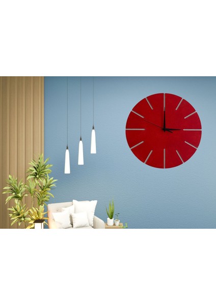 Ahşap Minimal Dekoratif Duvar Saati - 33x33 cm Kırmızı