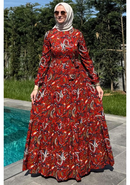 Şal Desenli Elbise Kiremit modelleri