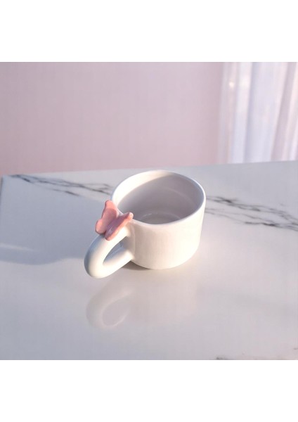 El Yapımı Seramik Kupa 3D Pembe Kelebek Figürlü Kupa 180 ml Mug