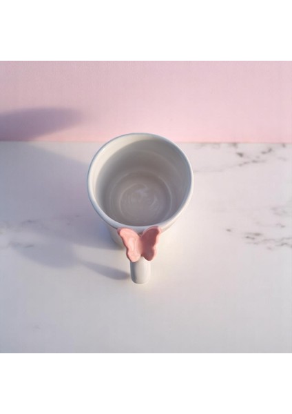 El Yapımı Seramik Kupa 3D Pembe Kelebek Figürlü Kupa 180 ml Mug
