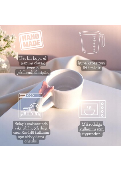 El Yapımı Seramik Kupa 3D Pembe Kelebek Figürlü Kupa 180 ml Mug