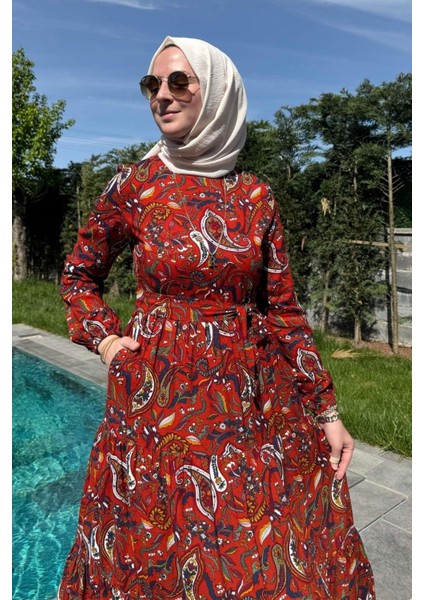 Şal Desenli Elbise Kiremit