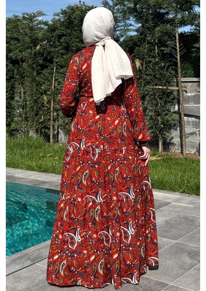Şal Desenli Elbise Kiremit