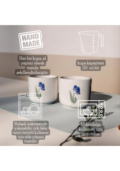 El Yapımı Seramik Double Türk Kahvesi ve Espresso Fincanı, Çiçek Desenli 2 Adet Fincan, 110 ml Kupa
