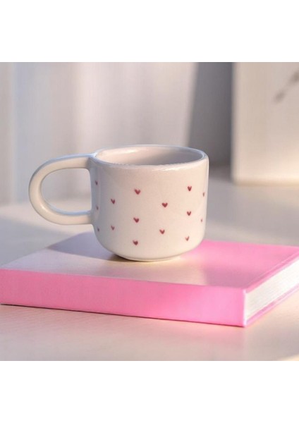 El Yapımı Seramik Kupa - Minimal Pembe Kalpli Kupa Bardak - 200 ml Mug Kalp Desenli Kahve Bardağı