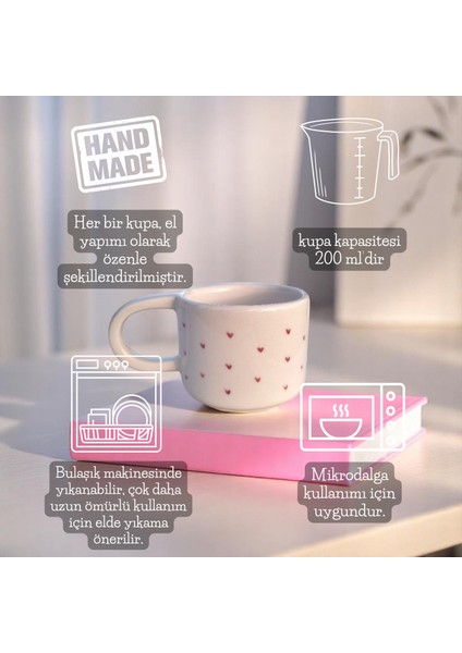 El Yapımı Seramik Kupa - Minimal Pembe Kalpli Kupa Bardak - 200 ml Mug Kalp Desenli Kahve Bardağı fırsatları