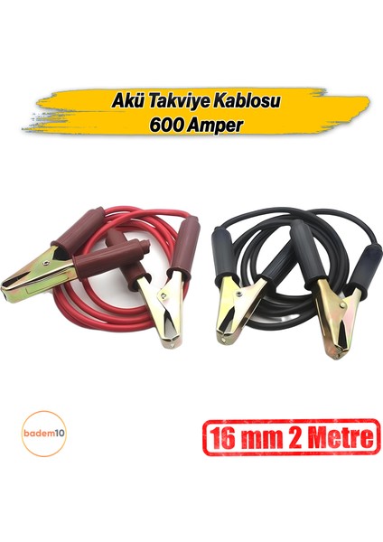 2 Metre 16MM² Kalınlık 6V/12/24V 600 Amper Akü Takviye Kablosu Araç Araba Oto Akümülatör Sarj Şarj