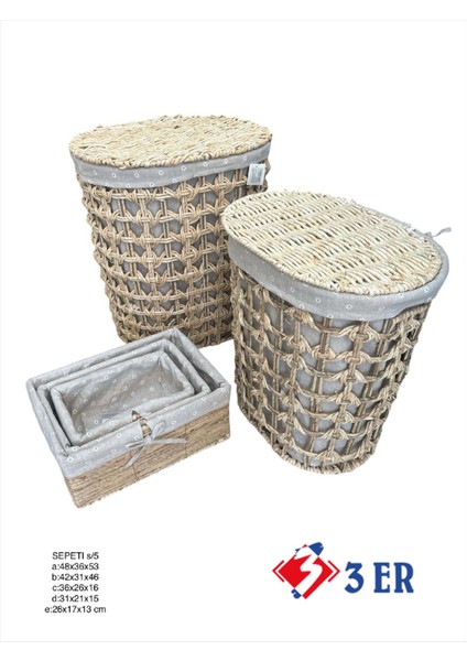 5 Parça Hasır Çamaşır Sepeti ve Sele Seti - 159