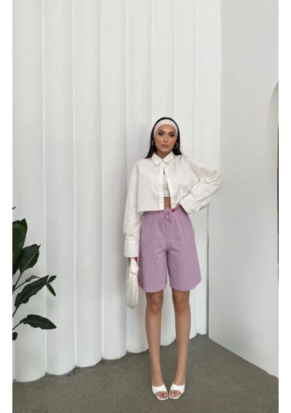 Mavi Çizgili Desen Şort