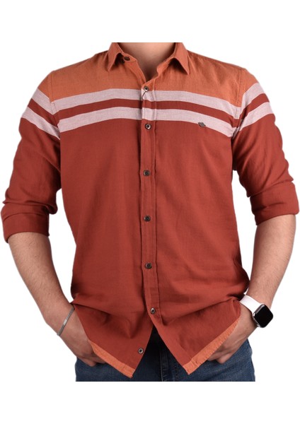 BRG-13028 Slimfit Çizgili Gömlek /kiremit/2xl fiyatları