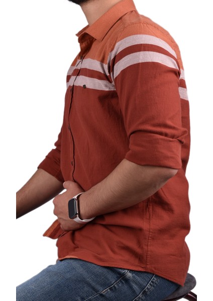 BRG-13028 Slimfit Çizgili Gömlek /kiremit/2xl fırsatları