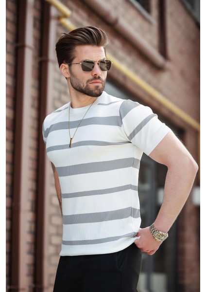 Beyaz Çizgili Bisiklet Yaka Triko Tişört E7414 modelleri