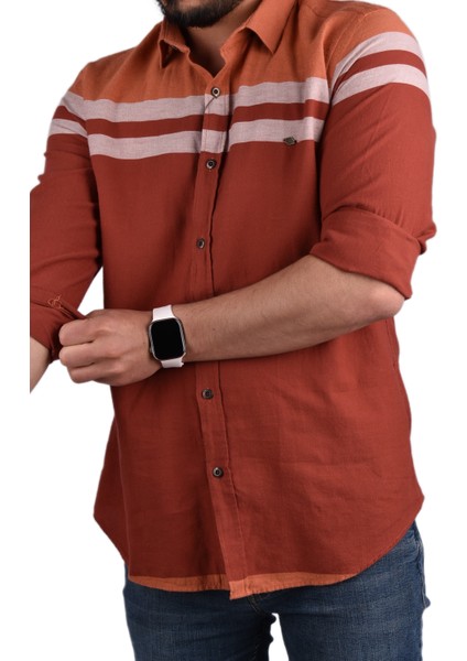 BRG-13028 Slimfit Çizgili Gömlek /kiremit/l