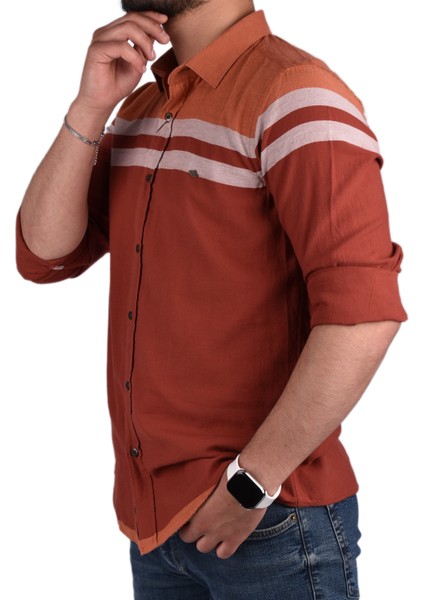 BRG-13028 Slimfit Çizgili Gömlek /kiremit/l modelleri