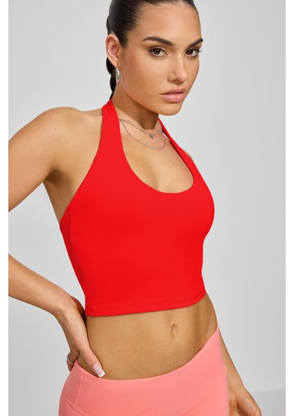 Kırmızı Halter Yaka Boyun Askılı Crop Top MG2456