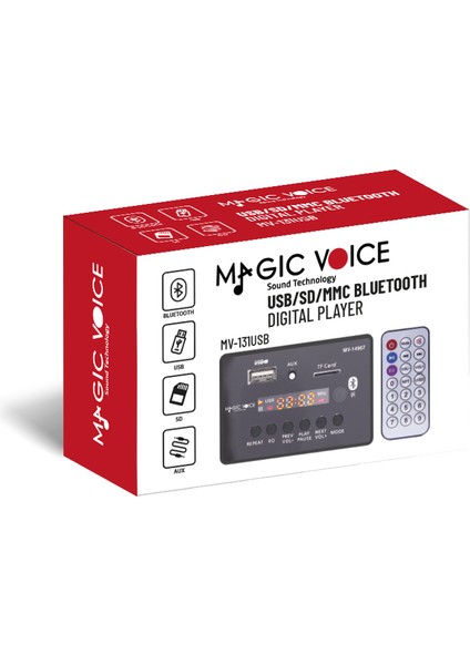 Magicvoice MV-14907 Usb/sd/mıc/aux/bluetooth Kumandalı Ekranlı Oto Teyp Çevirici Dijital Player Board (5024)