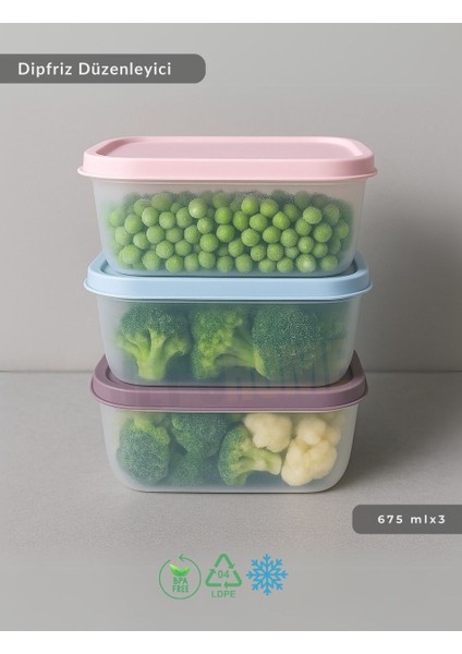 3'lü Dipfriz Saklama Kabı - No Frost Silikon Kapaklı | Derin Dondurucu Düzenleyici - Bpa Free - 675 ml