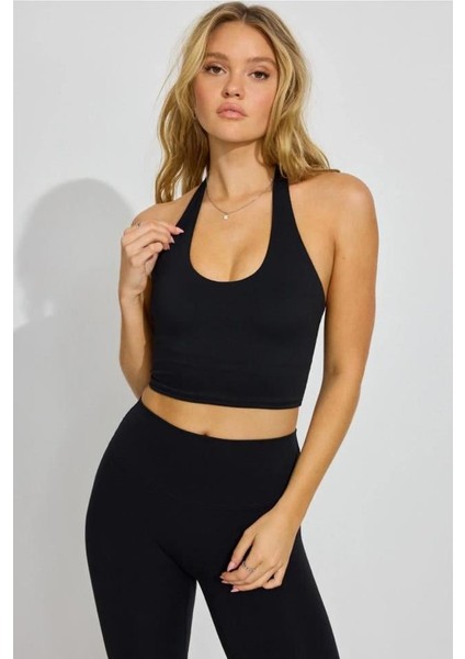 Siyah Halter Yaka Boyun Askılı Crop Top MG2456