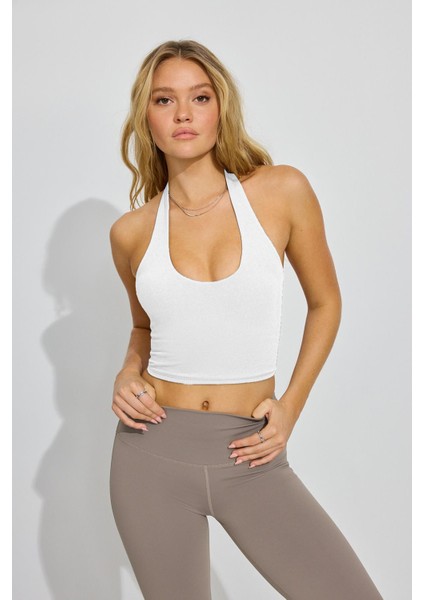 Beyaz Halter Yaka Boyun Askılı Crop Top MG2456