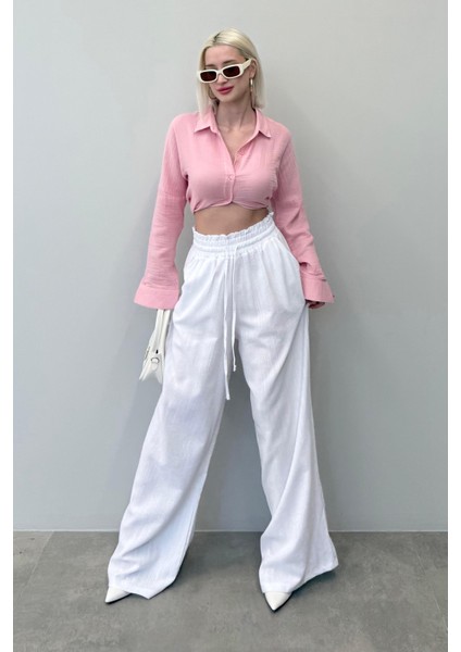 Beyaz Yüksek Bel Bol Paça Pantolon MG2408