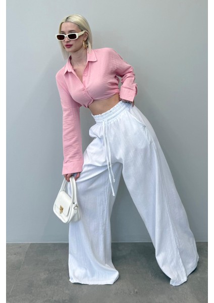 Beyaz Yüksek Bel Bol Paça Pantolon MG2408 fiyatları