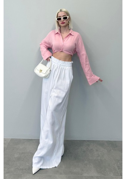 Beyaz Yüksek Bel Bol Paça Pantolon MG2408 modelleri