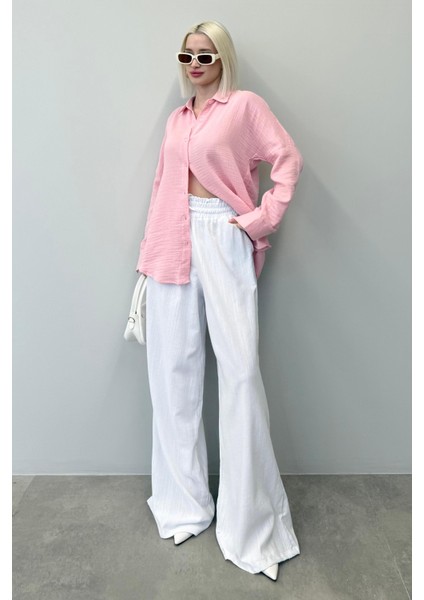 Beyaz Yüksek Bel Bol Paça Pantolon MG2408 fırsatları