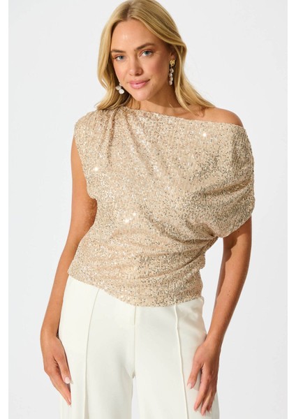 Kadın Gold Damla Omuz Payet Bluz