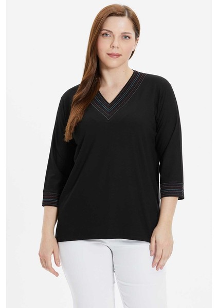 Büyük Beden V Yaka Geniş Renkli Ribanalı Penye Bluz