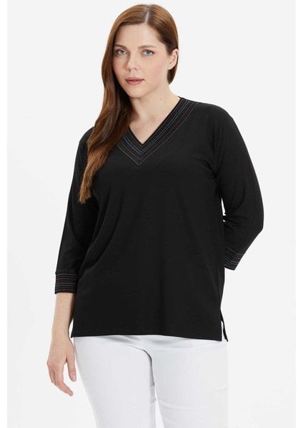 Büyük Beden V Yaka Geniş Renkli Ribanalı Penye Bluz fiyatları