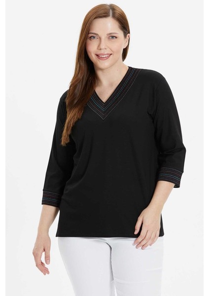 Büyük Beden V Yaka Geniş Renkli Ribanalı Penye Bluz modelleri