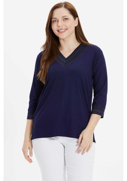 Büyük Beden V Yaka Geniş Renkli Ribanalı Penye Bluz indirimleri