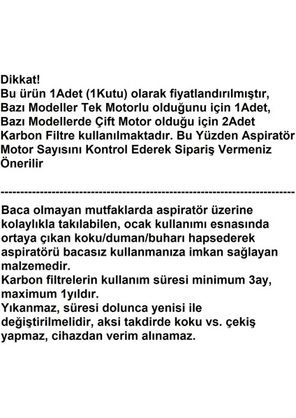 Al 39 (8904840300) Aspiratör Karbon Filtre 1ADET Bacasız Kullanım Kömür Filtresi