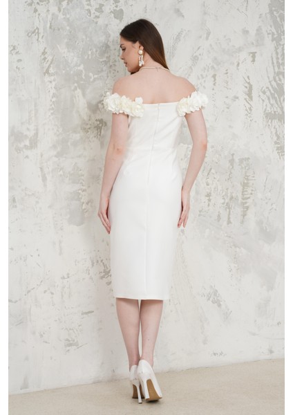 Kayık Yaka Çiçekli Beyaz Abiye Elbise modelleri