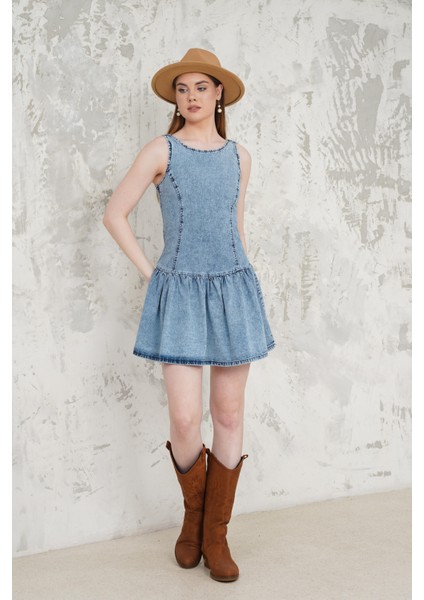 Fırfırlı Denim Kısa Elbise