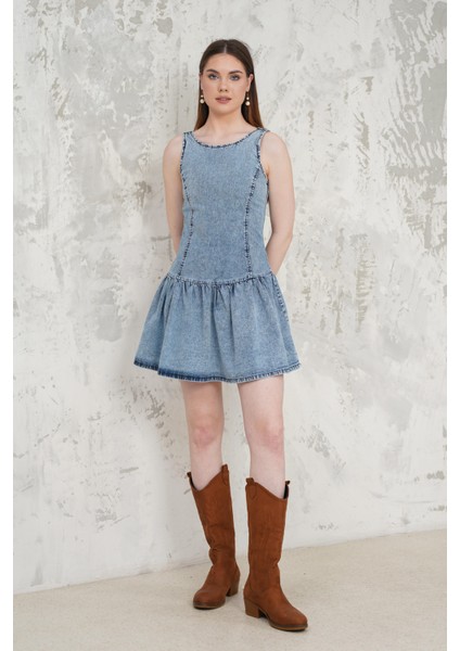 Fırfırlı Denim Kısa Elbise fiyatları